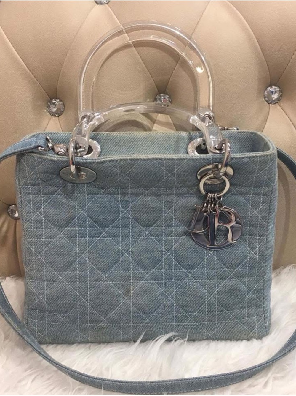 Dior Denim Blue Cannage Satchel with Clear Handles